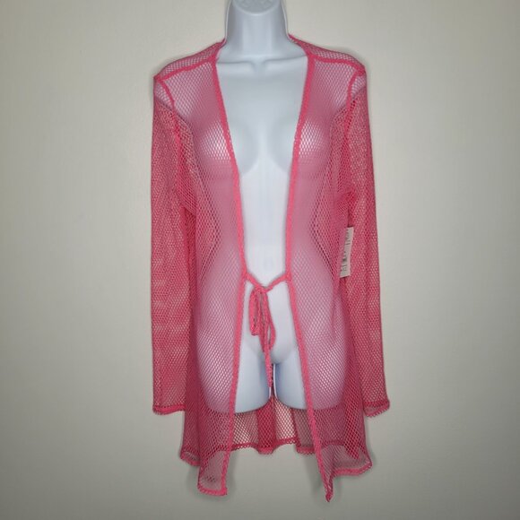 Pink open knit net tie front cover up club kid rave cardigan size l/xl NWT - Picture 1 of 6